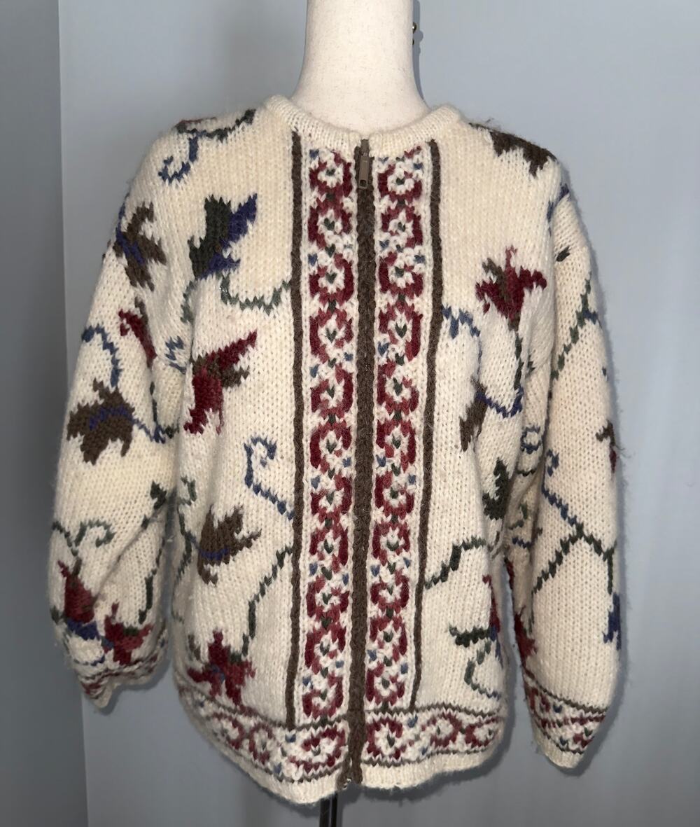 Vintage Icelandic Design 100% wool full-zip floral cardigan - size Small